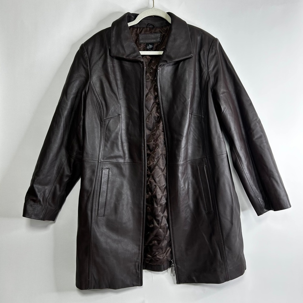 Jaclyn Smith Leather Quilted Lined Dark Brown Coat Jacket Womens 1X Full Zip